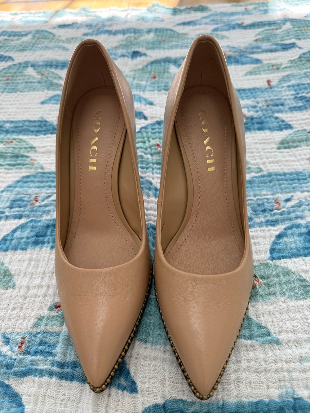 Coach Waverly Nude Beechwood Leather Pointed Toe Pumps with Stud Trim - Size 6